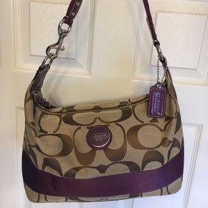 Coach Signature Jacquard Shoulder Bag in Brown and Plum
